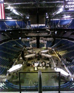 Setting up Metallica's stage.